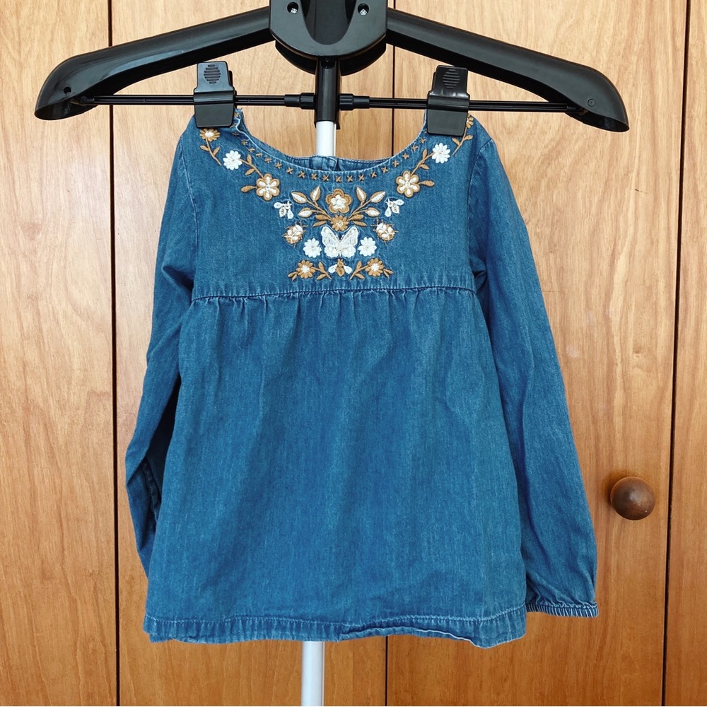 Boden Kids Long Sleeve Embroidered Chambray Denim Blouse Shirt